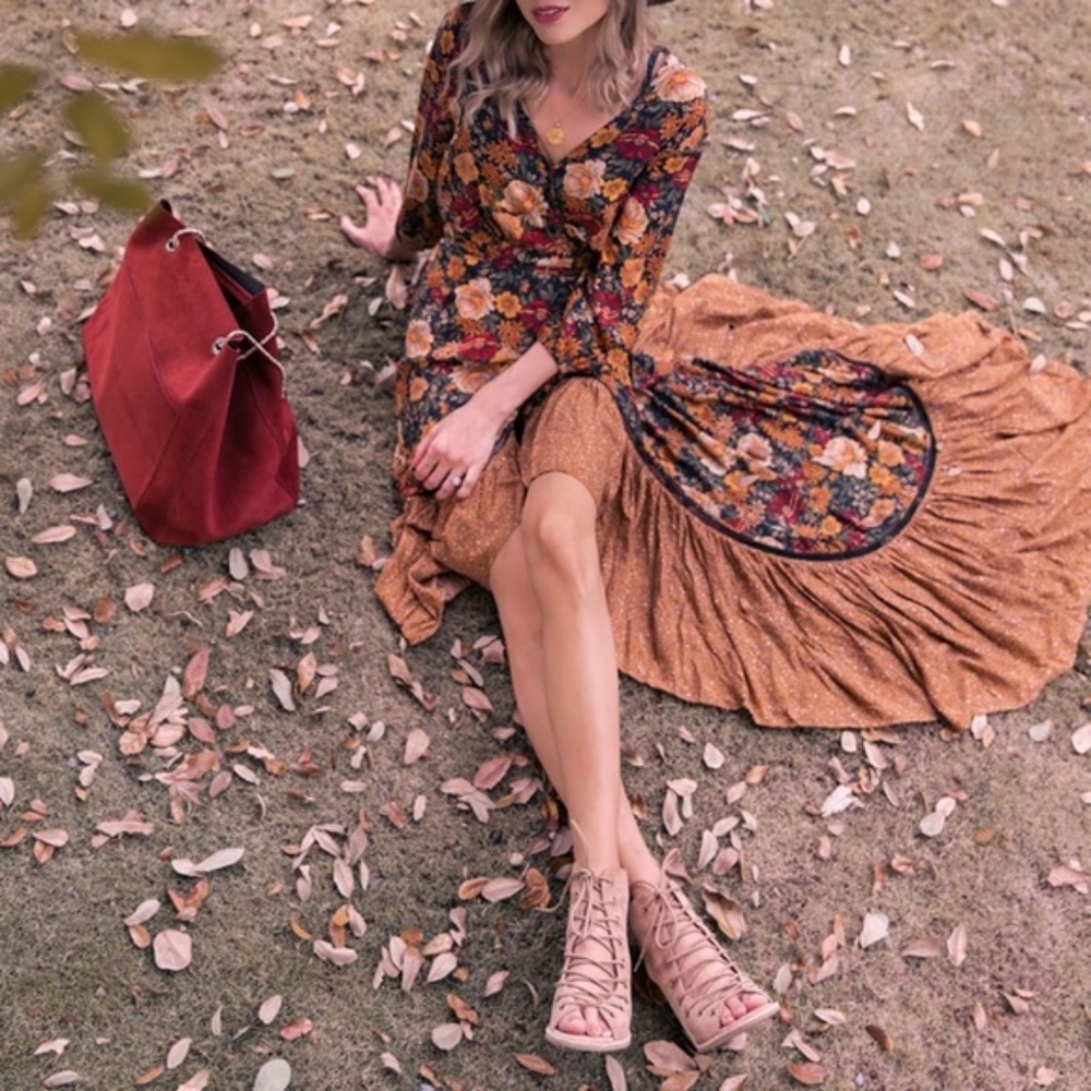 Ruffle hem floral orange boho gypsy maxi dress Ruffle Cottagecore - Picture 8 of 14